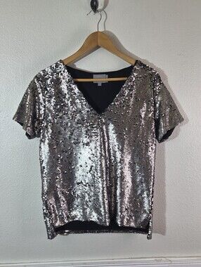 Vanessa Virginia Anthropologie Silver Sequin Short Sleeve Top Womens XS Party